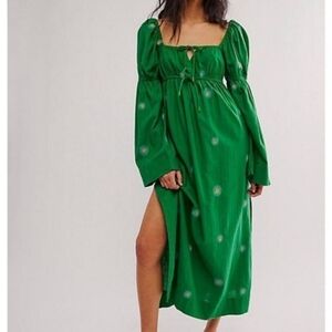 Free People Emory Green Embroidered Midi Dress Sz Small Boho Hippie Floral